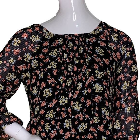 Free People Chiffon Baby Doll Dress Floral 3/4 Sleeve Size 0 Black and R… - Picture 3 of 14